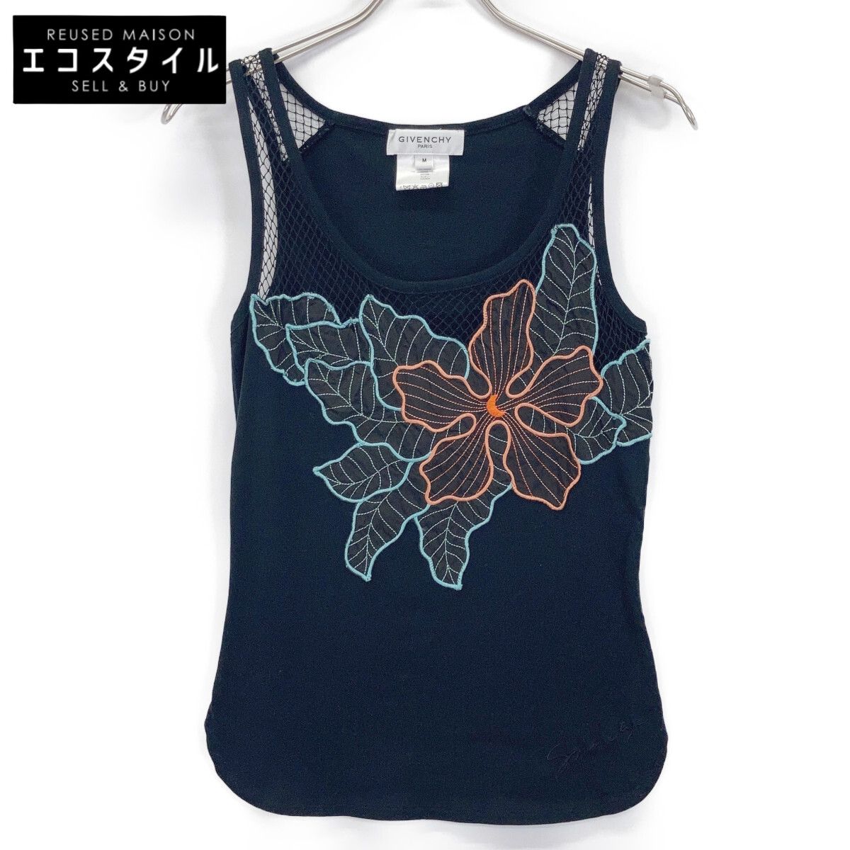 GIVENCHY ジバンシィ ﾌﾞﾗｯｸ ｺｯﾄﾝ ﾌﾗﾜｰﾓﾁｰﾌ ﾒｯｼｭ切り替え ﾉｰｽﾘｰﾌﾞｶｯﾄｿｰ M