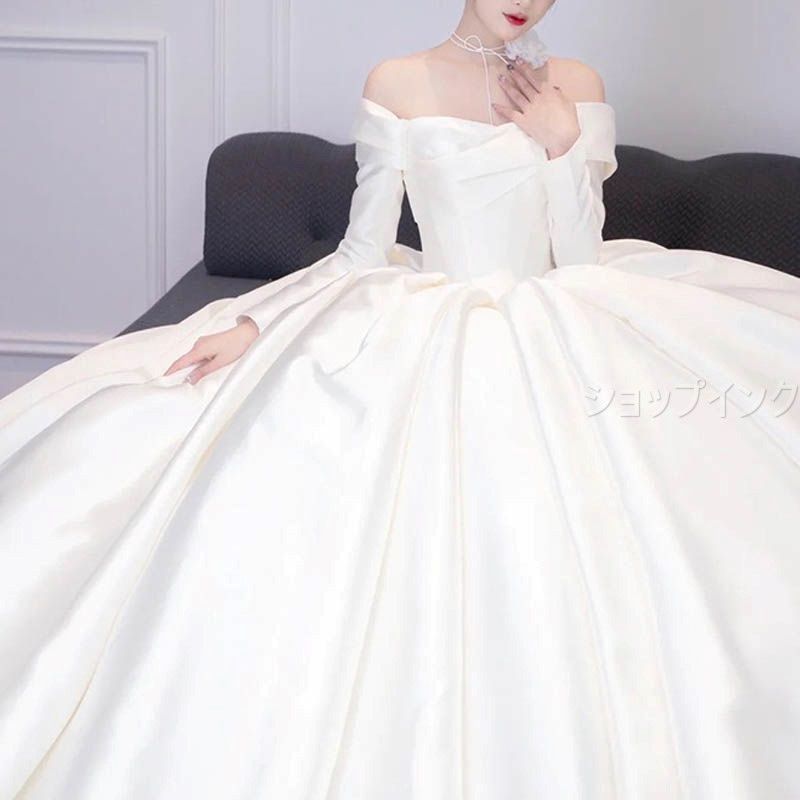 ウェディングドレス ロングドレス 結婚式 ウエディングドレス 長袖 Aラインドレス 二次会 花嫁 前撮り エレガント オフショルダー サテン ホワイト シンプル ロングトレーン 披露宴