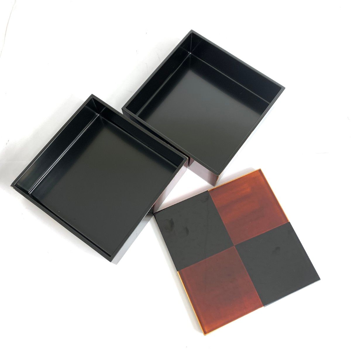 山田平安堂 ヤマダヘイアンドウ 二段重 市松白檀 漆器 箱付 ブラック