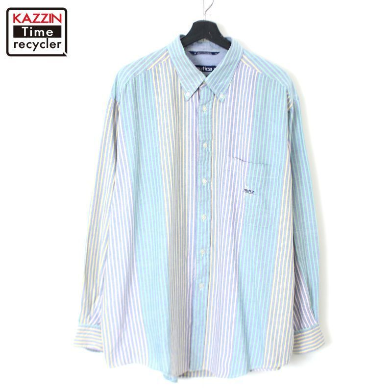 90s vintage NAUTICA ストライプ柄 ボタンダウン 長袖シャツ メンズ 表記XLサイズ