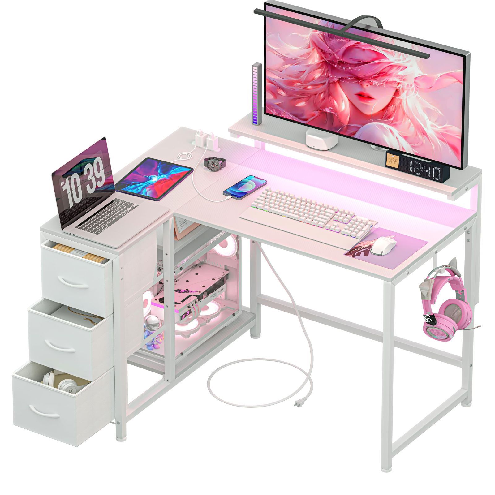 セール LunarLight PCパソコンデスク幅108*奥行50-80*高さ72cm テレワーク 机 L型左右組み換え自由 モニタ台の高さ調節 引き出しとコンセント付き 収納たっぷり ゲーミングデスク オフィスデスク 書斎 収納ラック付き カーボン