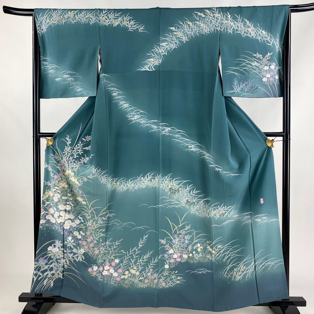 160cm シックな緑 正絹付下げ訪問着 k346 あぶら