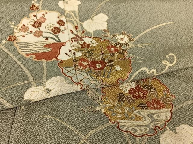 平和屋着物○本場染大島紬 訪問着 刺繍 色紙重ね人物風景文 金銀糸