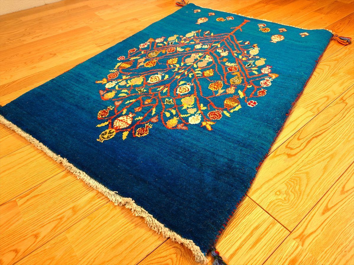 ペルシャ　ギャッベ　パルヴィーズ　コルクウール　カシュクリ　ラグマット　98x67cm　青緑色　ザクロ　RJ13333