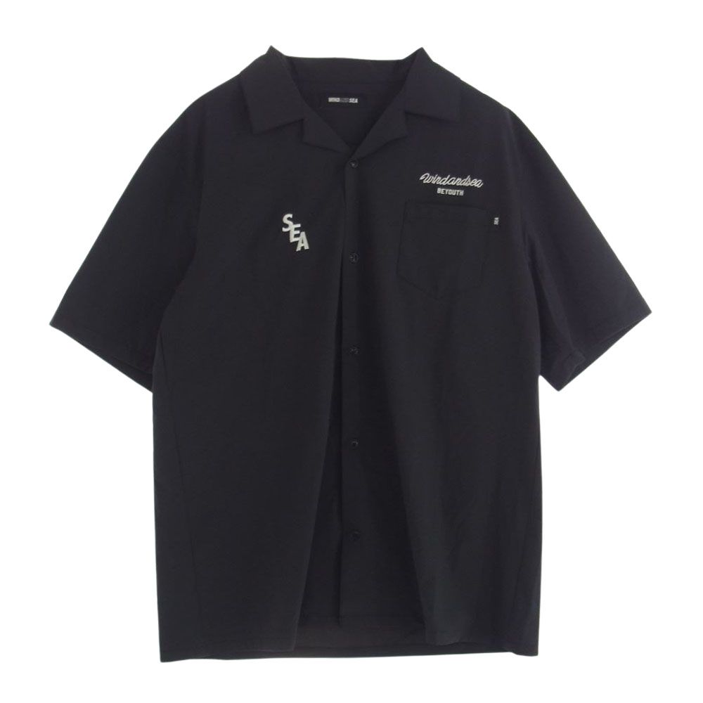WIND AND SEA ウィンダンシー WDS-SH-12 OPEN COLLAR SHIRT 刺繍 ロゴ ナイロン 半袖 オープンカラー シャツ ブラック系 M【美品】【中古】