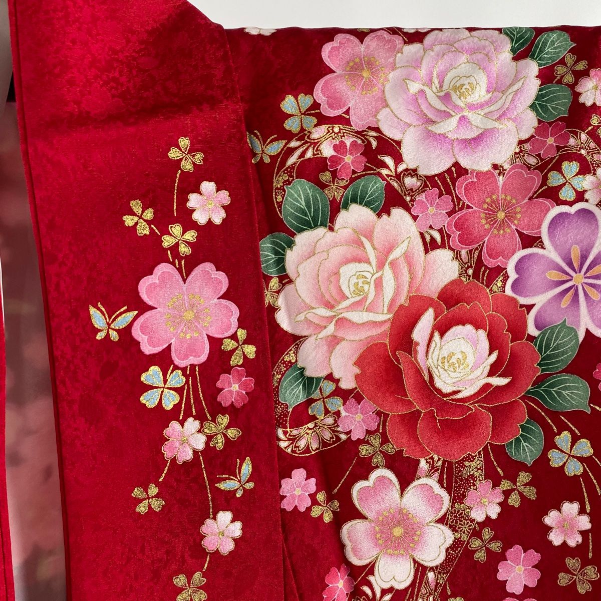 振袖 身丈165cm 裄丈69.5cm L 袷 薔薇 蝶 金彩 刺繍 赤 正絹 美品 名品  
