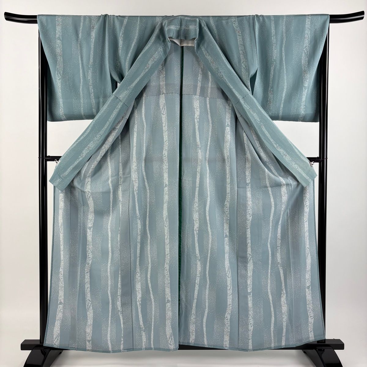 美品 小紋 付け下げ くすみブルー ネイビー 草花 身丈159.0cm 正絹 小紋 身丈154.5cm 裄丈62cm S 袷 落款 鳥 花唐草 縮緬 藍色 正絹