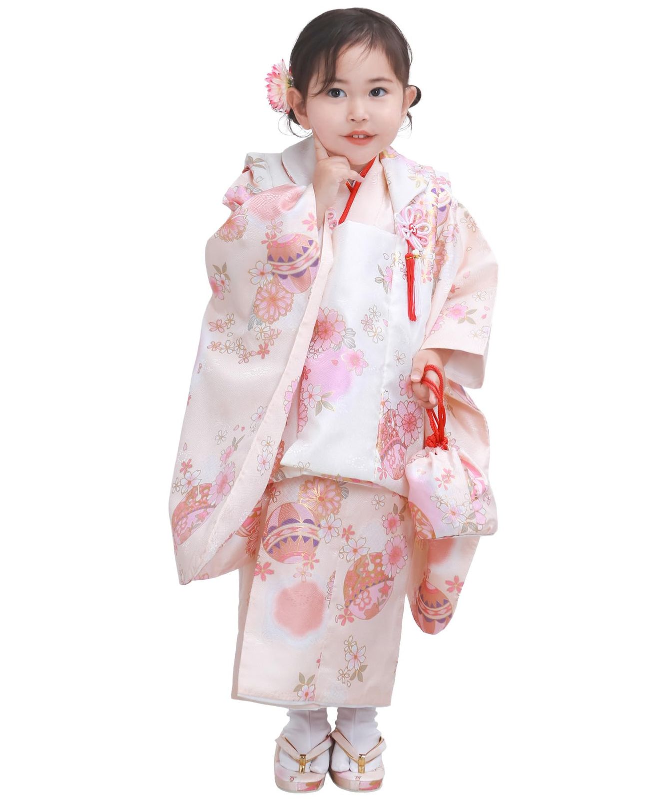 KYOETSU キョウエツ 七五三 3歳 女の子 着物 セット 被布 小物 フルセット 754 くすみ B 7.霞橙の鞠幻想