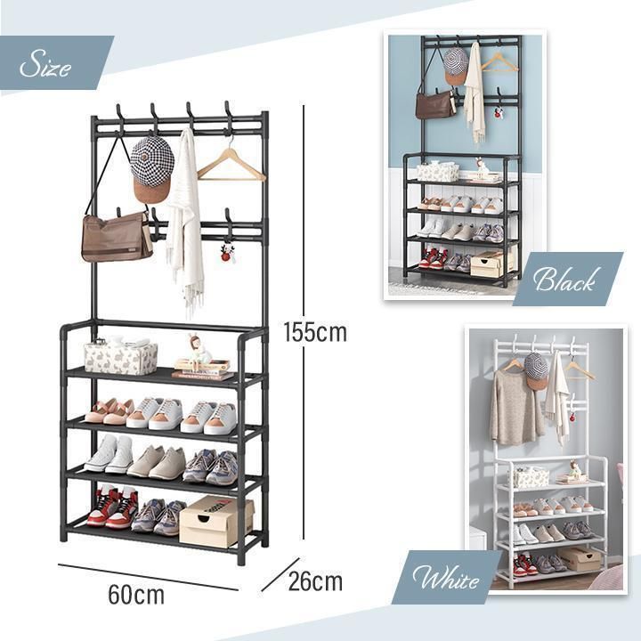 フック付き シューズラック 4段 60cm ハンガー ラック 玄関 靴 棚 帽子 カギ 収納 スリム 大容量 小物置き 下駄箱 白 黒 組立式 工具不要 省スペース MARWIL-DEMENAGEMENTS_CH