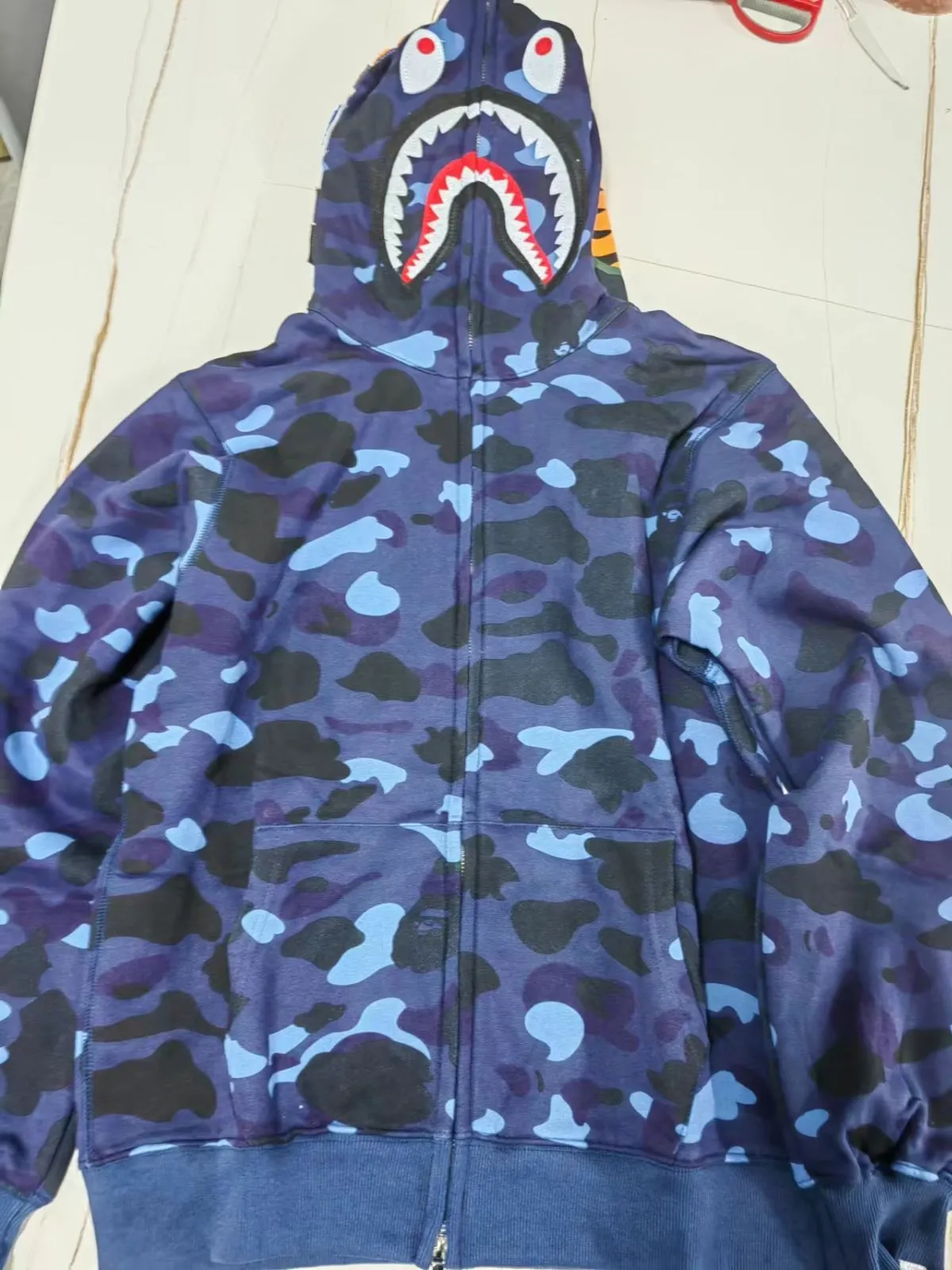 A BATHING APE 長袖ジップフード付きスウェットシャツ ネイビーブルー