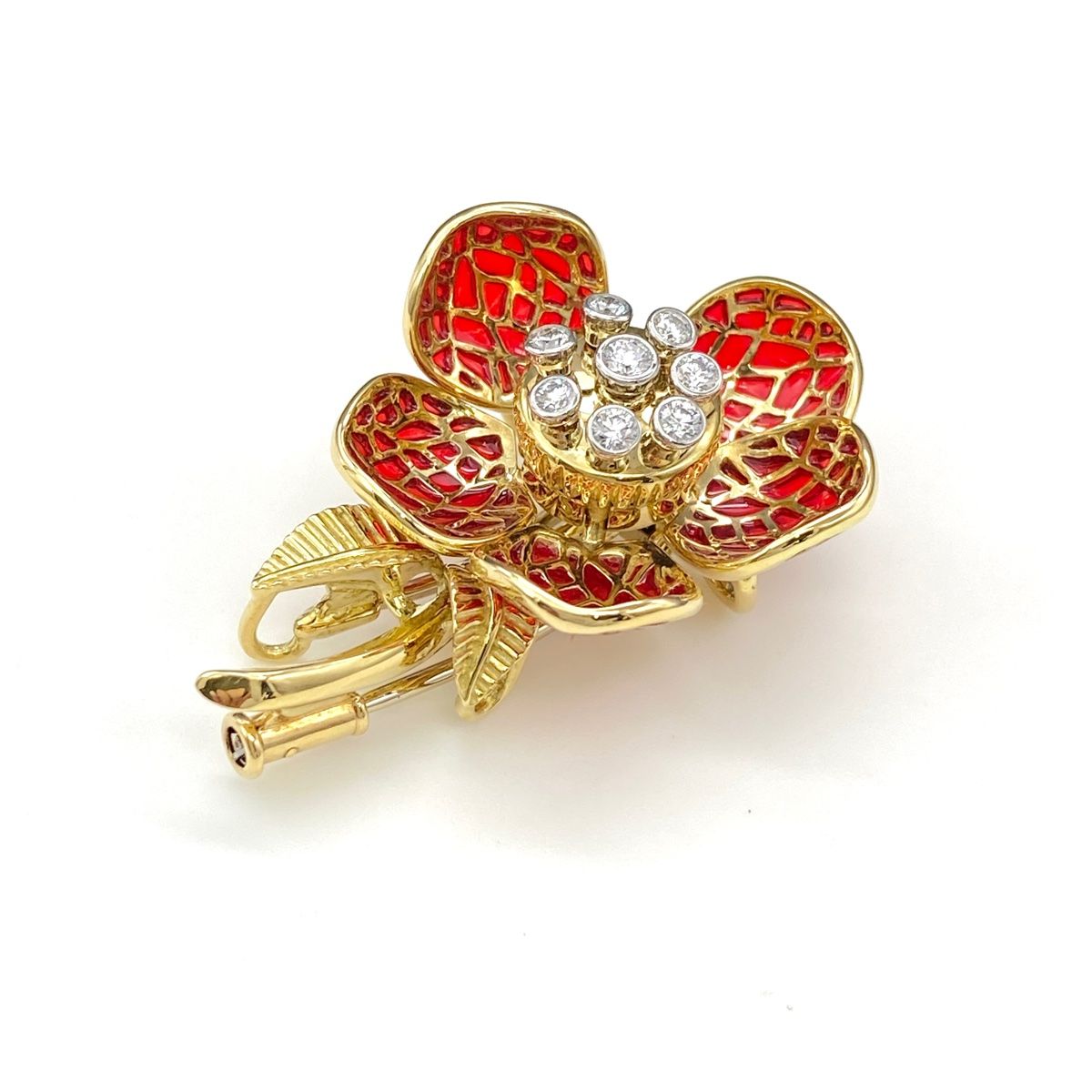 クイーン Queen フラワーモチーフ デザインブローチ YG イエローゴールド プラチナ メレダイヤ エナメル 花 ブローチ 750 Pt950 ダイヤモンド レディース