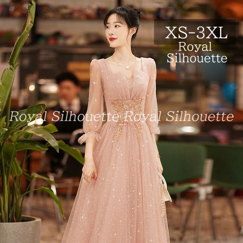 パーティードレス ナイトドレス ピンク 七分 ラメ 結婚式 大きいサイズ 謝恩会 XS S M L XL LL 2XL XXL 3XL XXXL パーティー 姫系 発表会 演奏会 プリンセス フェミニン お姫様 紐タイプ