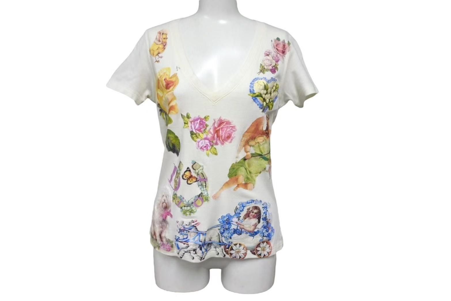 Christian Dior クリスチャンディオール ロマンティック 半袖Ｔシャツ Vネック 天使 花 犬 プリント ホワイト ジョンガリアーノ 4b002085