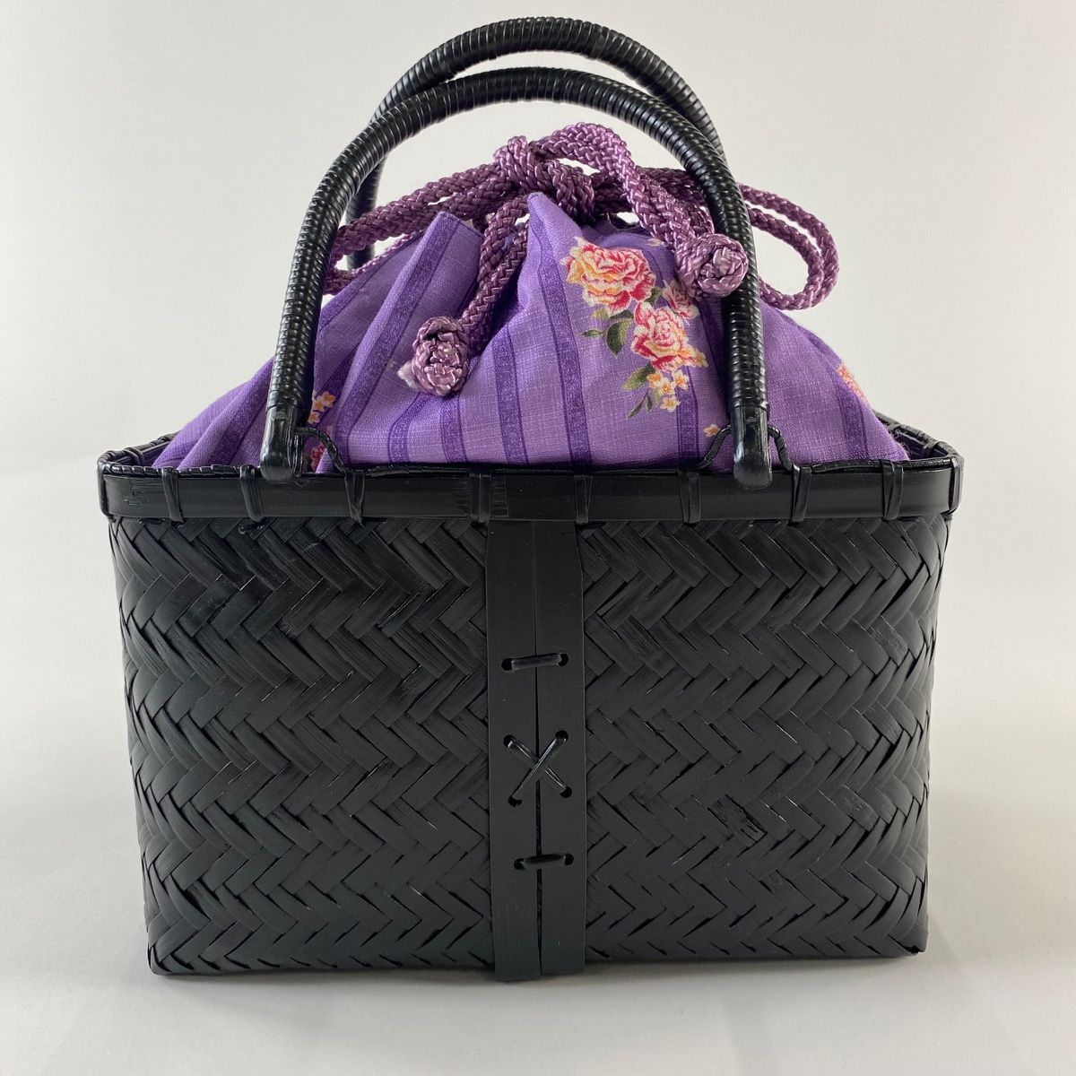 和装バッグ 美品 優品 カジュアル 草花 黒 和装小物 【中古