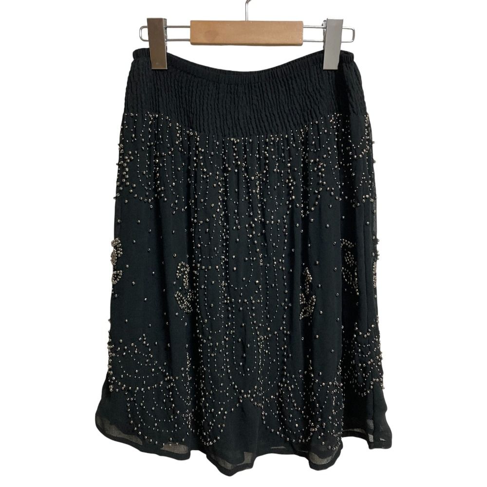 ♥ Leonie レオニィ ビーズ刺繡 ひざ丈 フ スカート サイズ1 ブラック レディース 古着