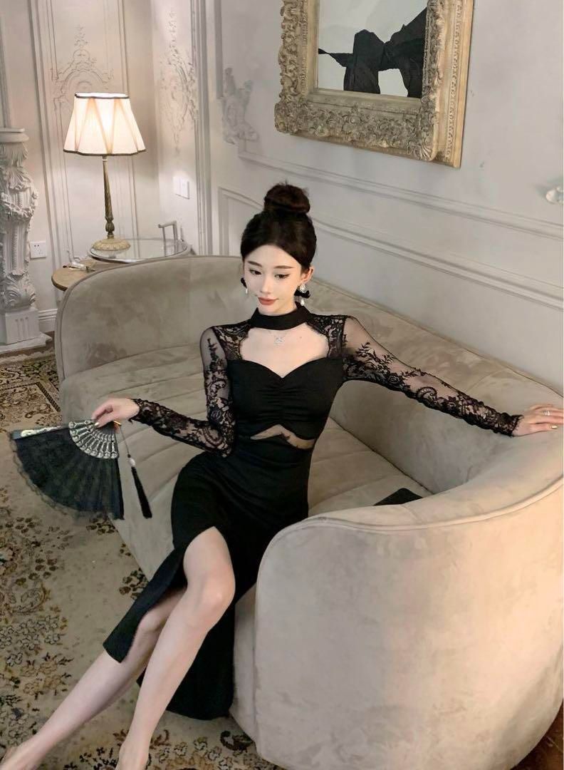 美しいレースが特徴】ドレス ひざ丈 セクシーなカットラインと