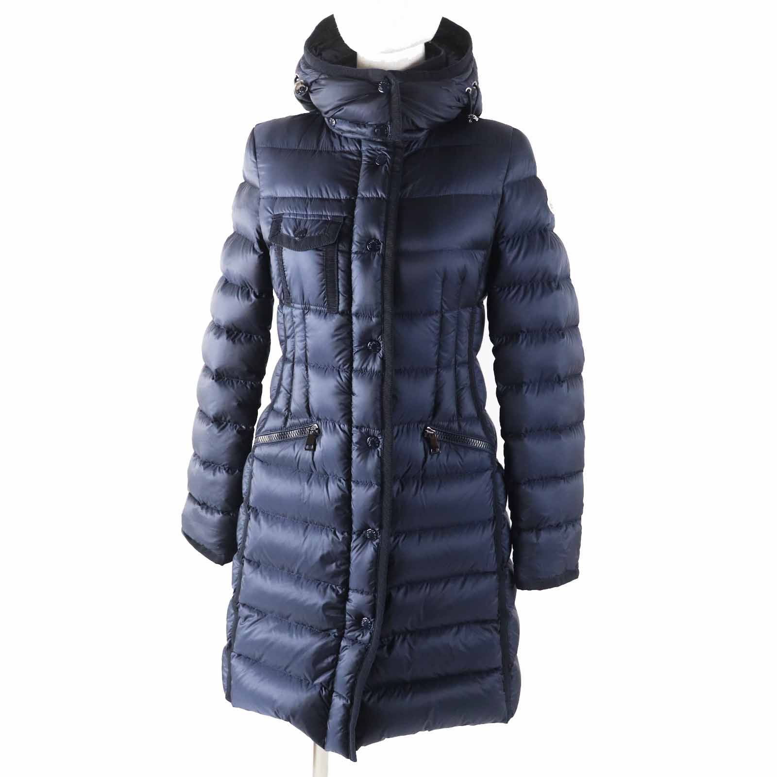 ◎MONCLER モンクレール HERMINE エルミンヌ 美シルエット フード ワッペン付き ロングダウンコート ネイビー 00 レディース