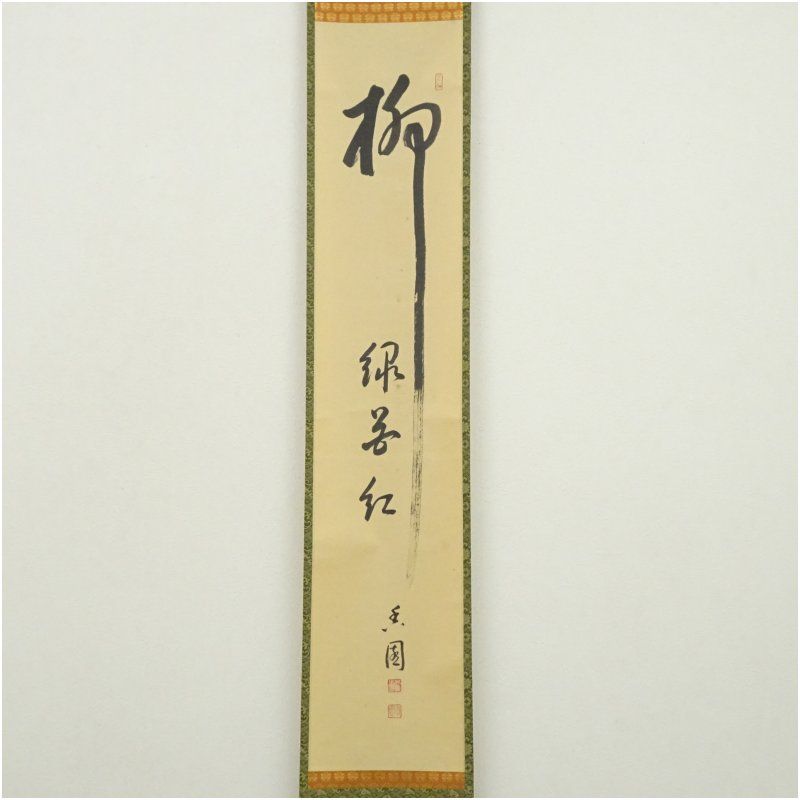 一乗庵 川岸香園筆 柳緑花紅 一行書 肉筆紙本掛軸 共箱 掛け軸 床の間 書 おしゃれ 絵画 表具 芸術 茶道 年中掛け インテリア 茶掛 掛物 和室 3月 4月 春