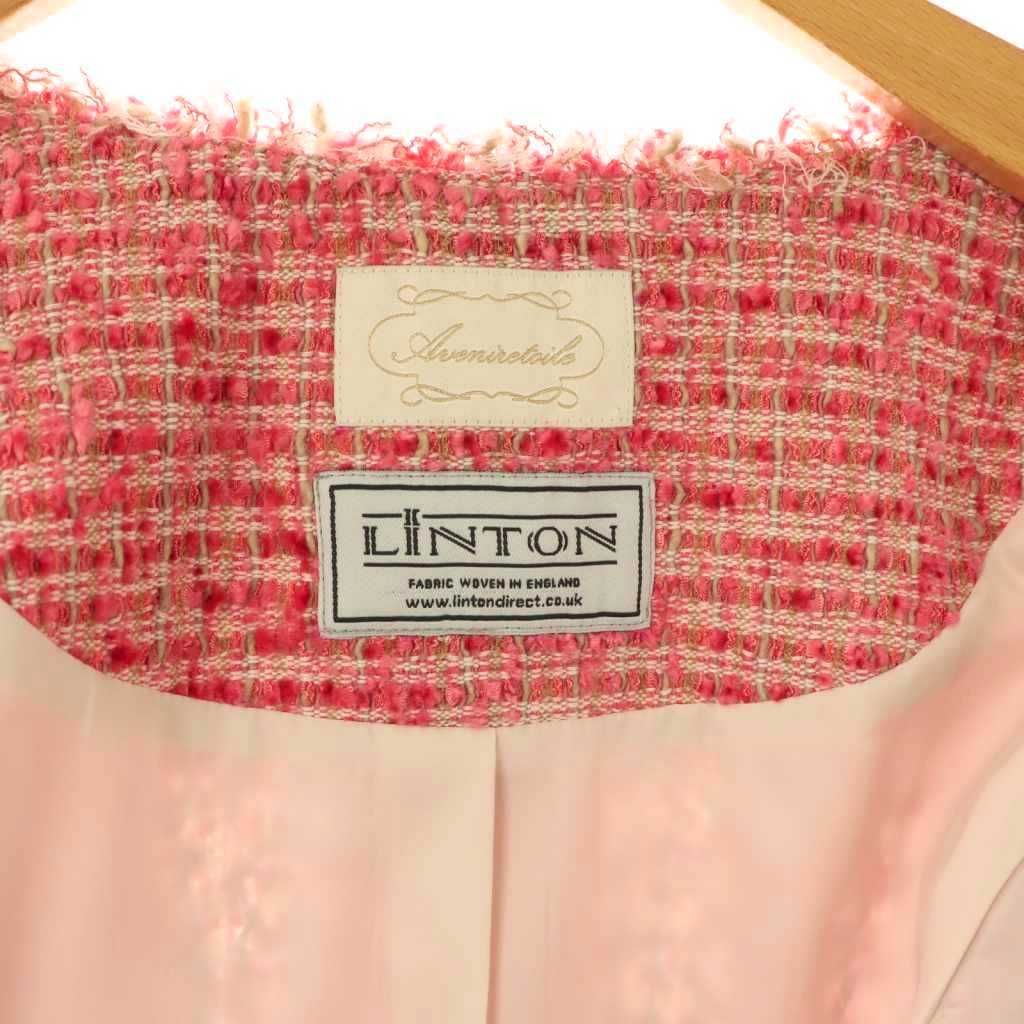 意図的な アベニールエトワール Aveniretoile LINTON ツイードノーカラージャケット 七分袖 フリンジ 34 ピンク |AT OS 送料無料も!