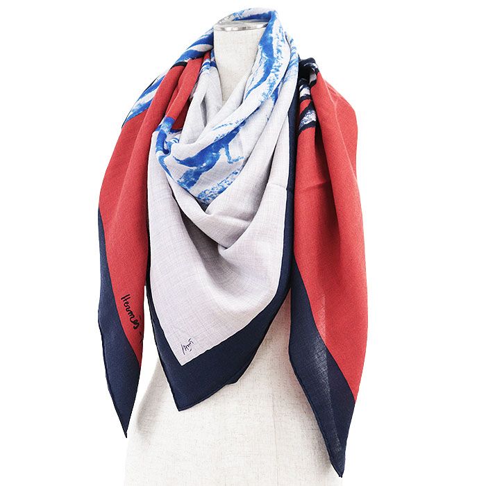 HERMES エルメス カレジェアン140 スカーフ CHEVAUX AU PRE 草原の馬 馬モチーフ カシミヤ × シルク 属 メンズ レディース ユニセックス マルチ フランス製