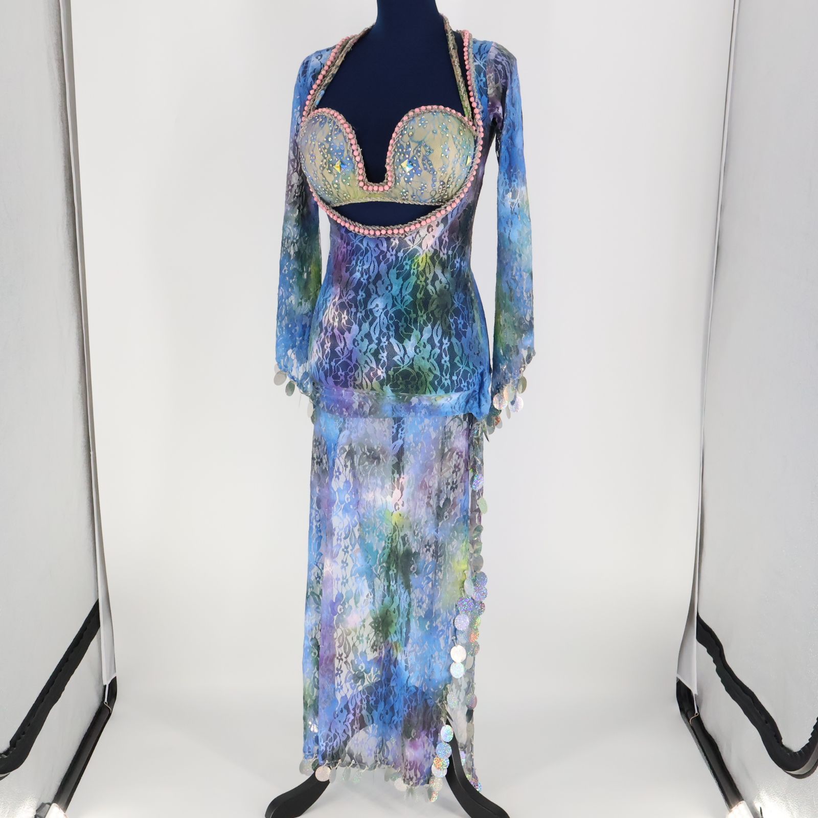 ベリーダンス用 サイーディ衣装】ブルー×グリーン ワンピースドレス