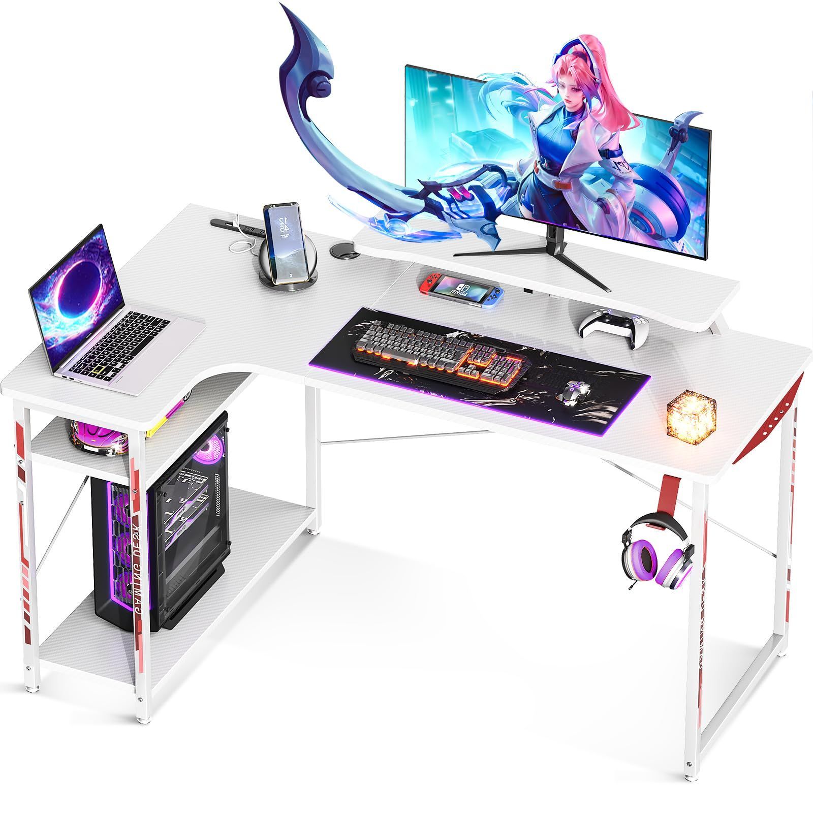 ODK ゲーミングデスク パソコンデスク 幅130 l字デスク コンセント付き pcデスク デスク 机 ラック付き コーナーデスク 収納 オフィスデスク 組立簡単 左棚 White