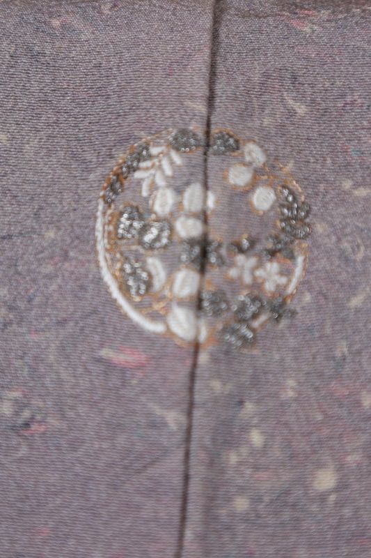 訪問着 グレー 紫 グリーン ゴールド 珊瑚朱 扇面 花 青海波 汕頭刺繍