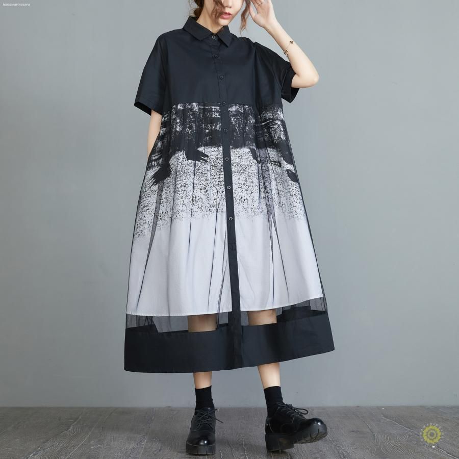 シースルーチュール シャツワンピース レディース 夏 半袖 透け 重ね着 レイヤード フ シャツワンピース ロングシャツ ロングワンピ レディース モード系 原