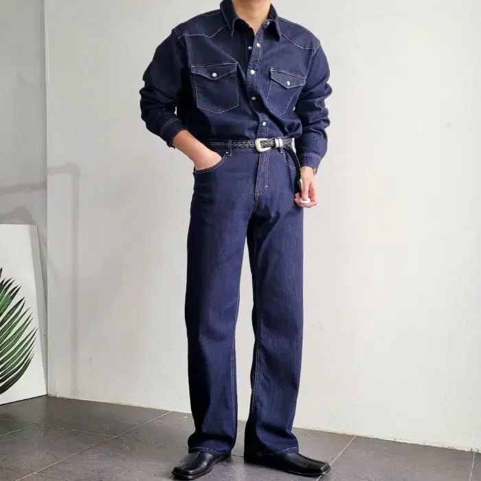 メンズ 生デニム ウエストン オーバーサイズ シャツ ストレートフィット デニム セット