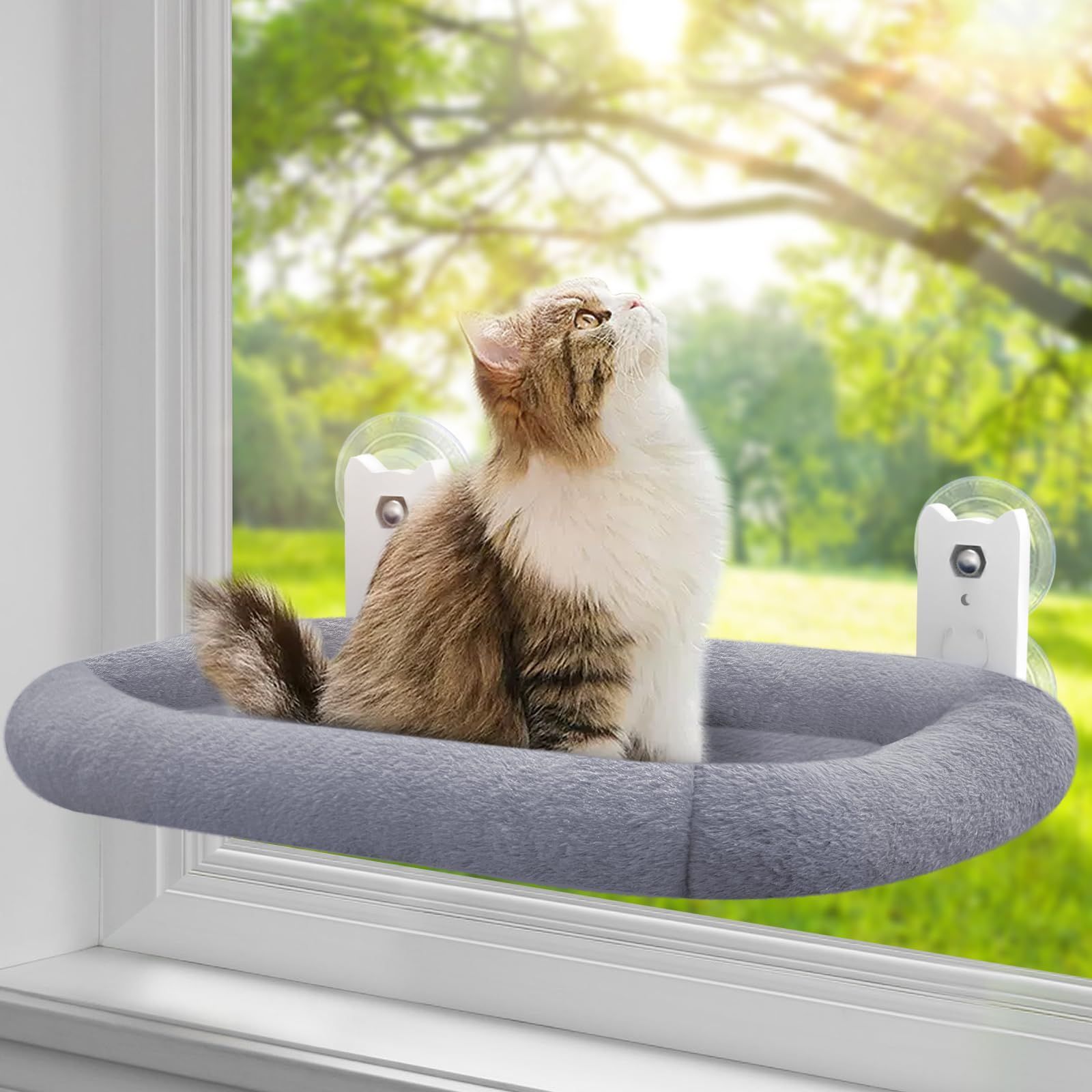 【特価セール】HAPPYMATE 猫用ハンモック、猫窓ベッド、日光浴 猫の休憩 遊ぶペットベッド、吸盤式＆粘着式 耐荷重18kg 取り付けが簡単 洗濯可能 日本語説明書付き（グレー）