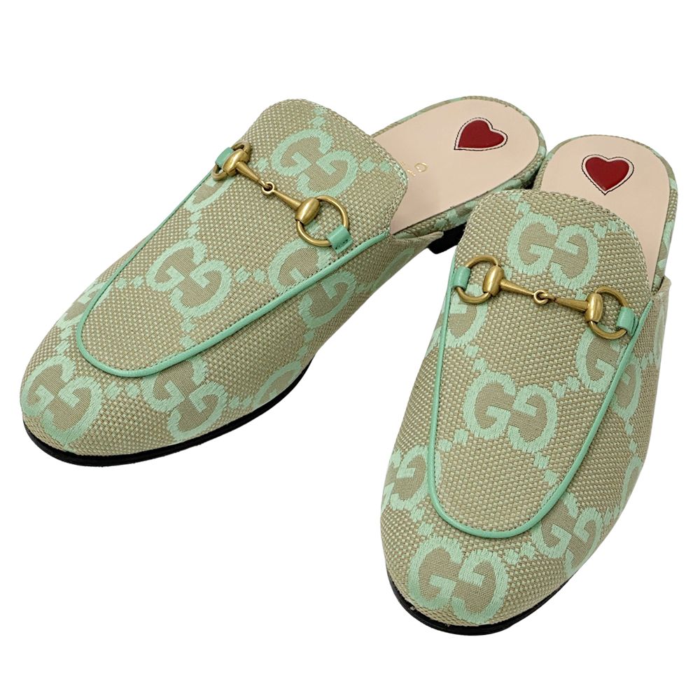 グッチ GUCCI サンダル レディース ブランド ジャンボGG ホースビット キャンバス レザー プリンスタウン ベージュ グリーン 475094 38 24.5cm かわいい おしゃれ