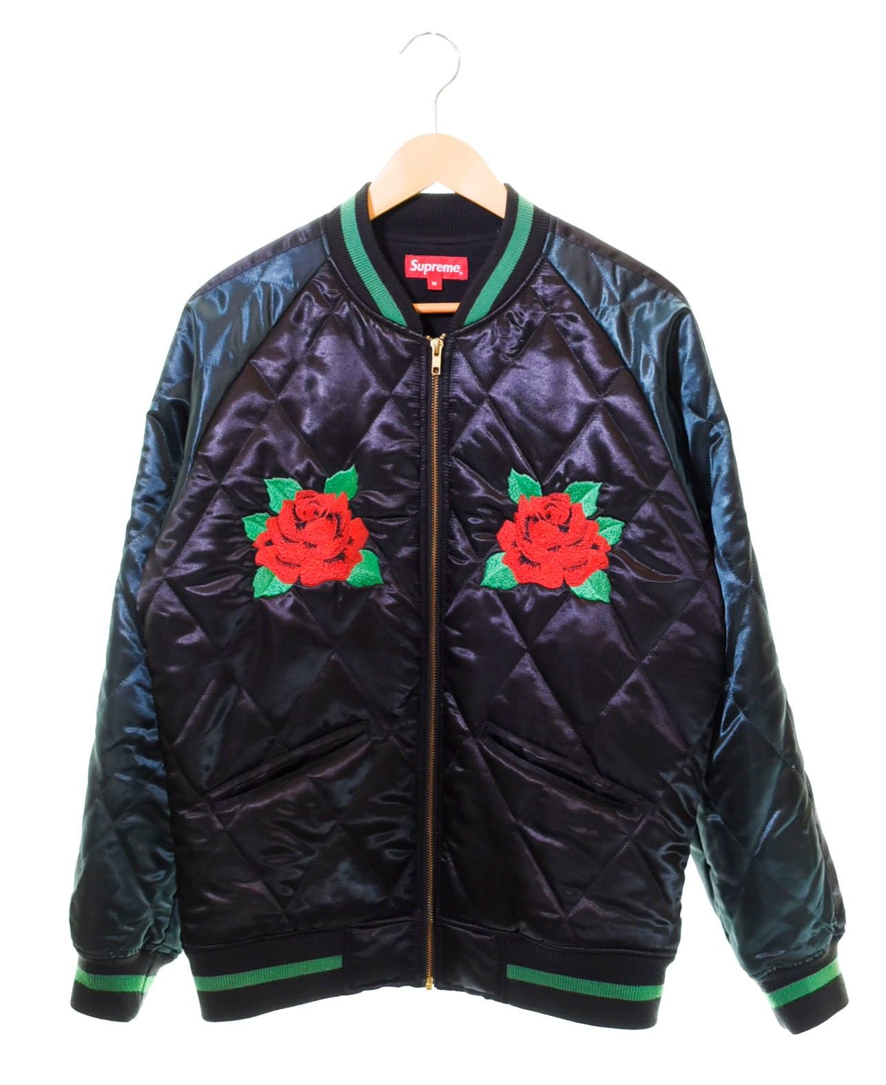 シュプリーム SUPREME 13AW Quilted Satin Bomber Roseローズ刺繍ZIP 