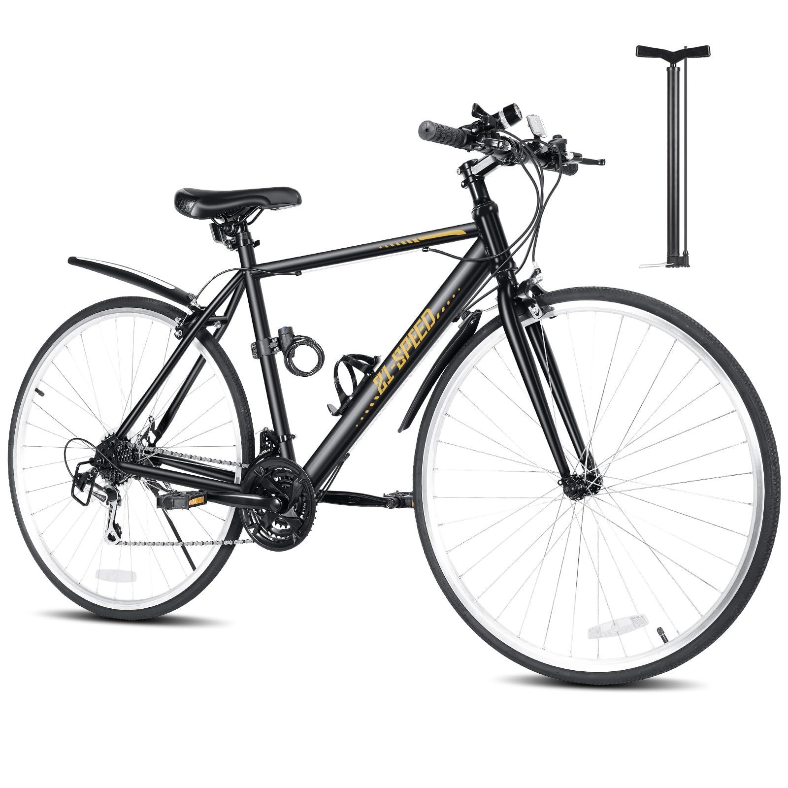 高炭素鋼フレーム 軽量 27インチ相当 クロスバイク 男女兼用 クロスバイク 通勤 700C 通学 自転車 旅行 街乗り シマノ製21段変速 マウンテンバイク Mixiu 空気入れ付き 前後泥除け ワイヤーロック ライト 反射板 コップホルダー