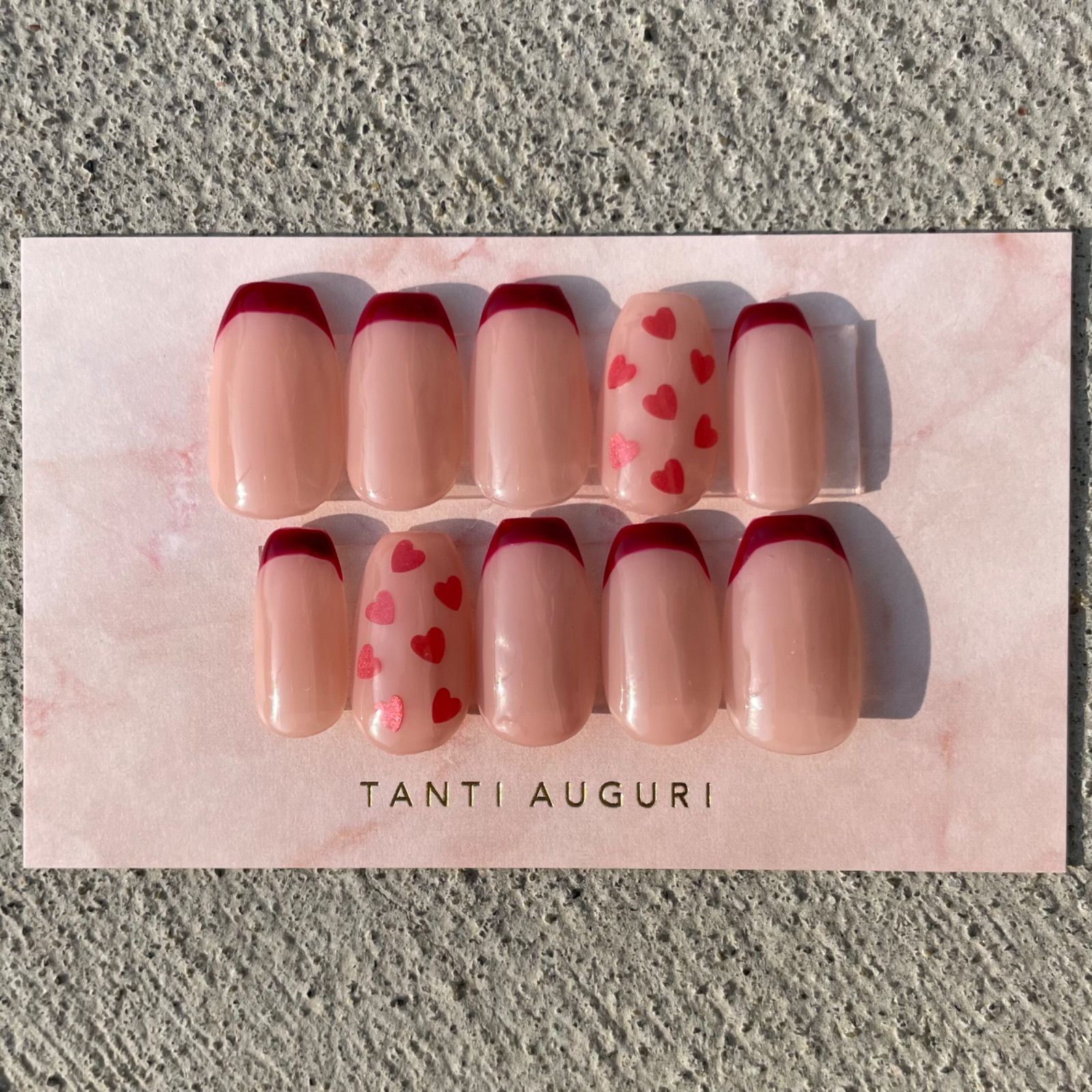 No.4] サイズオーダー◎｜赤フレンチネイル｜ハートネイル - メルカリ 