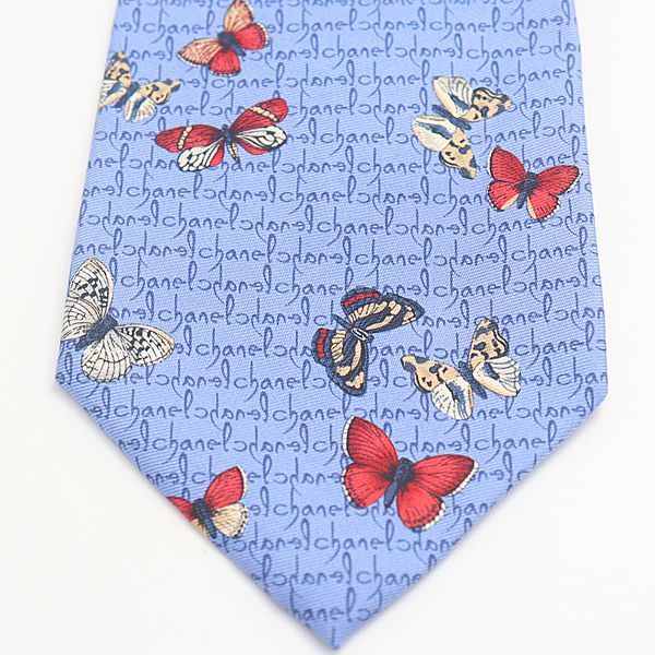 シャネル ブルー 蝶 総柄 100％シルク メンズネクタイ 2000000 NSK OMI