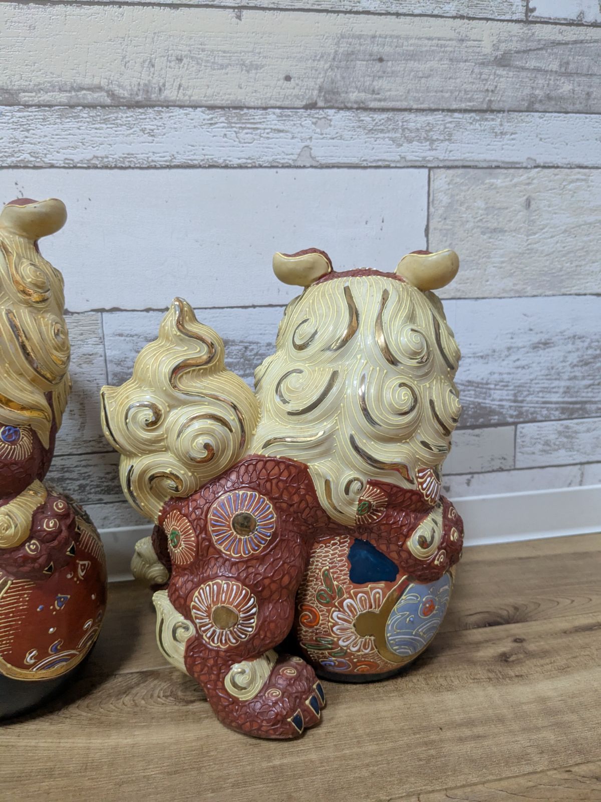 九谷焼 玉乗り獅子 赤 金彩 鶴 陶器 陶芸 置物 縁起物 魔除け 特大