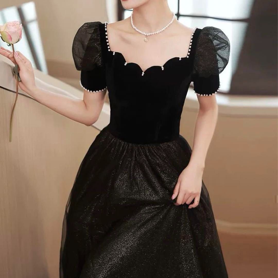 パールが シックでオシャレなパフスリーブロングドレス