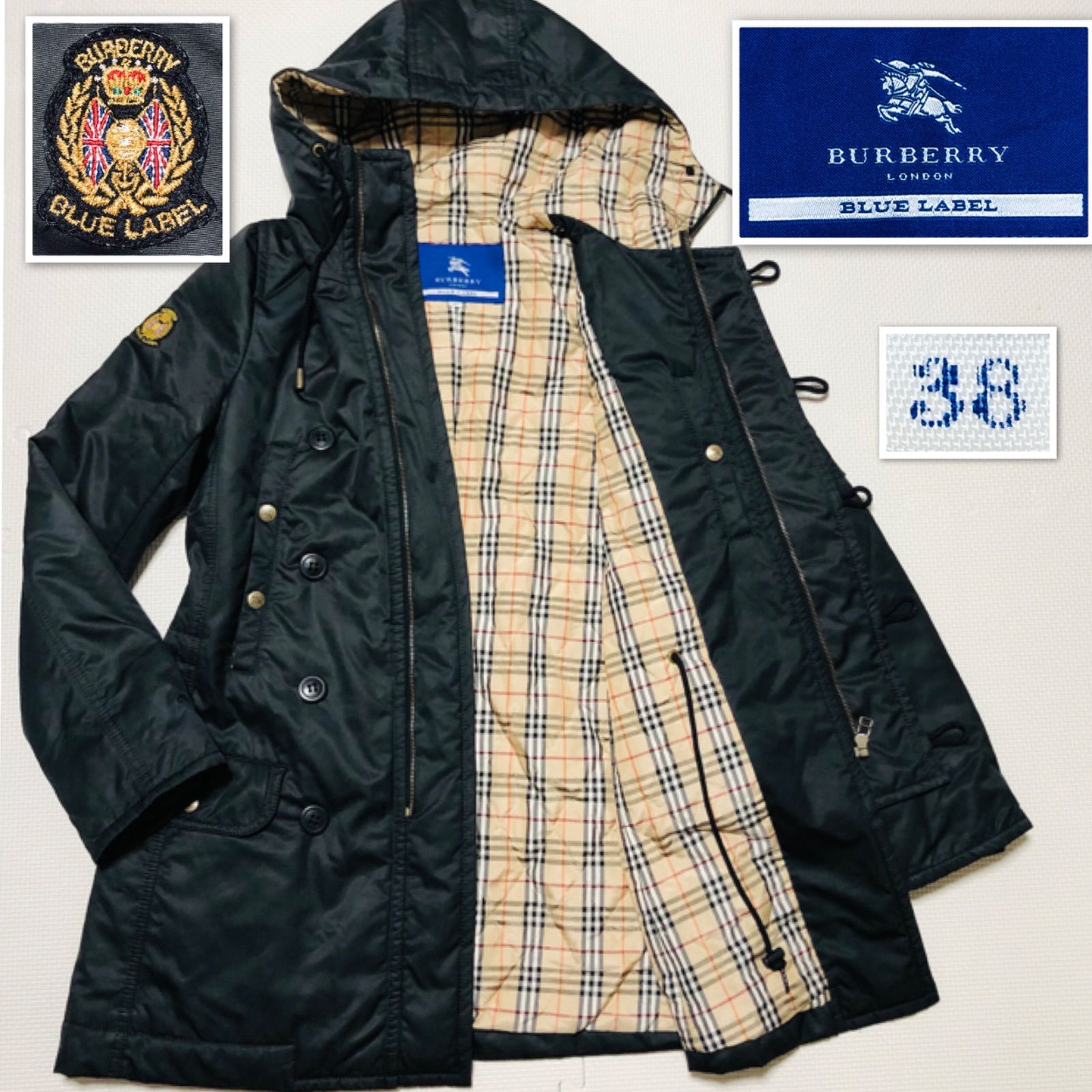 □美品□希少□BURBERRY BLUE LABEL バーバリーブルーレーベル N-3B フライトジャケット ミリタリーコート ロゴワッペン 中綿  size38(サイズM相当) ブラック×裏地総ノバチェック 三陽商会 ロゴボタン+金ボタン レディース - メルカリ