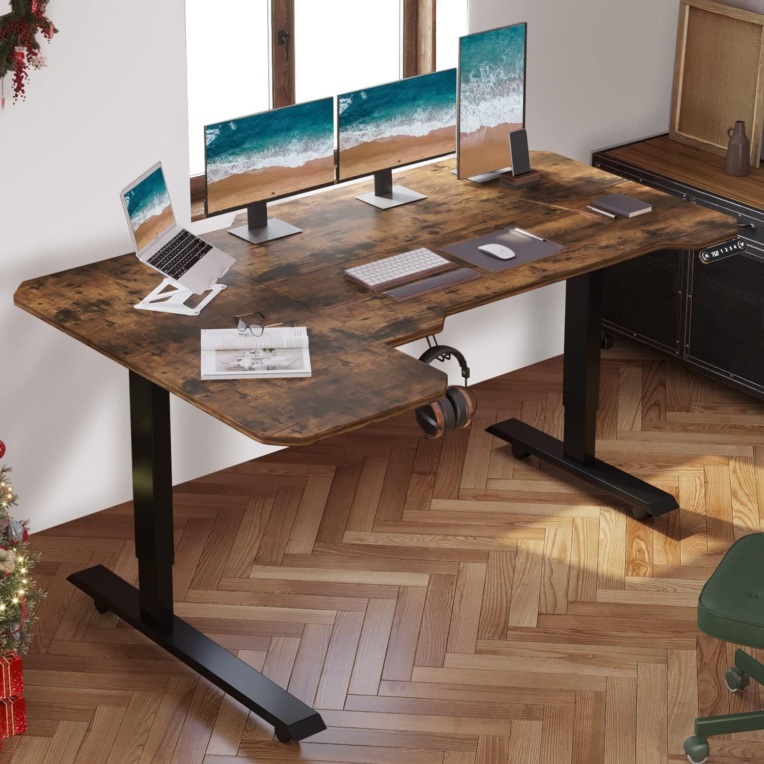 BilBil デスク パソコンラック つくえ 電動昇降式 机 150CM×101CM 電動式スタンディングデスク オフィスワークテーブル 昇降式机 ゲーミングデスク 電動式 高さ 71-117CM 高さ調節 メモリー機能付き brown