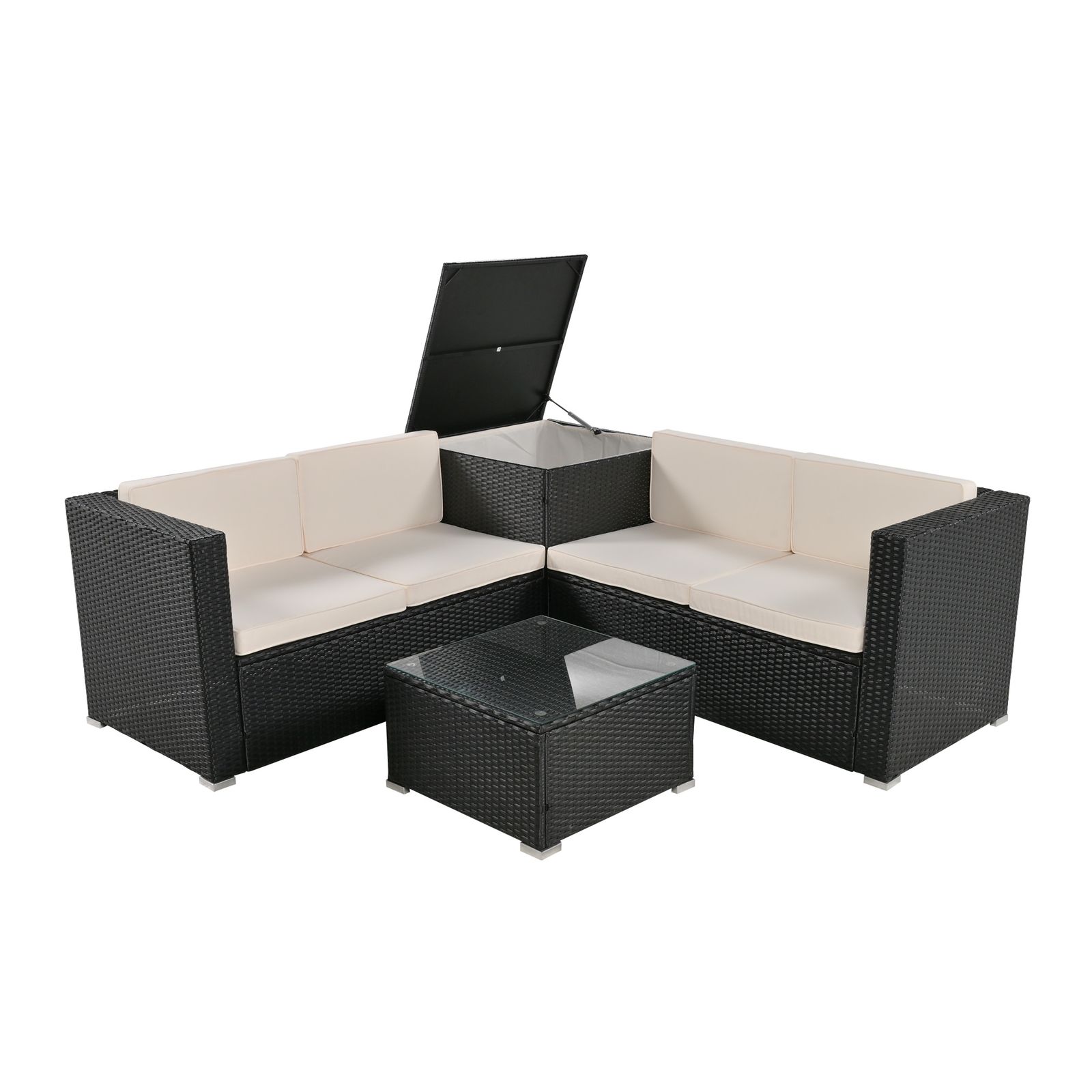 15 割 ガーデンファニチャー 4点 収納付き ガーデン クッション付き ラタン調 家具 アウトドア ソファーセット ホテル カフェ ベランダ おしゃれ ホワイト