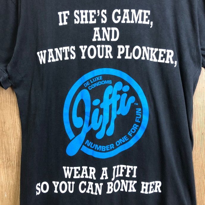80s-90s Jiffi CONDOMS コンドーム 企業ロゴ 両面 プリント 半袖 エロT 