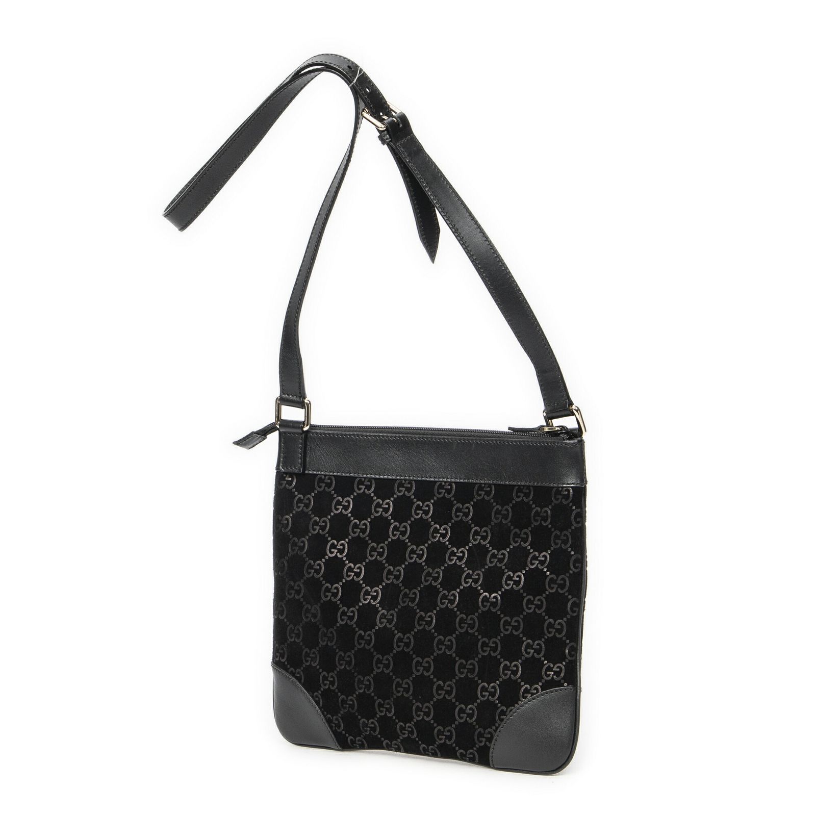 GUCCI グッチフラップ クロスボディバッグ黒GGスエードレザーA