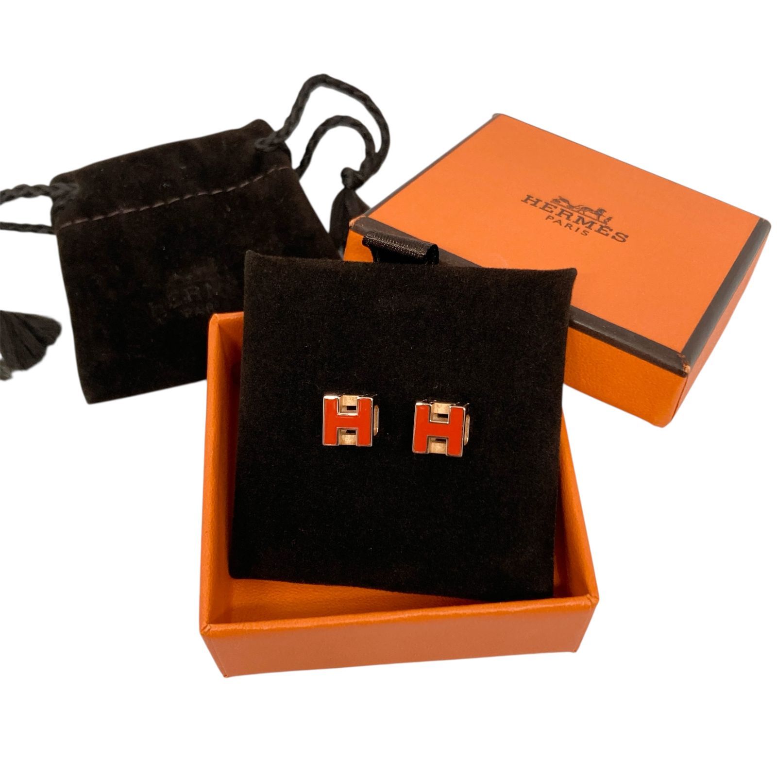 美品　エルメス　ゴールド×オレンジ　カージュドアッシュ　Hキューブ　チャーム HERMES 美品 エルメス カージュアッシュ Hキューブ ネックレス
