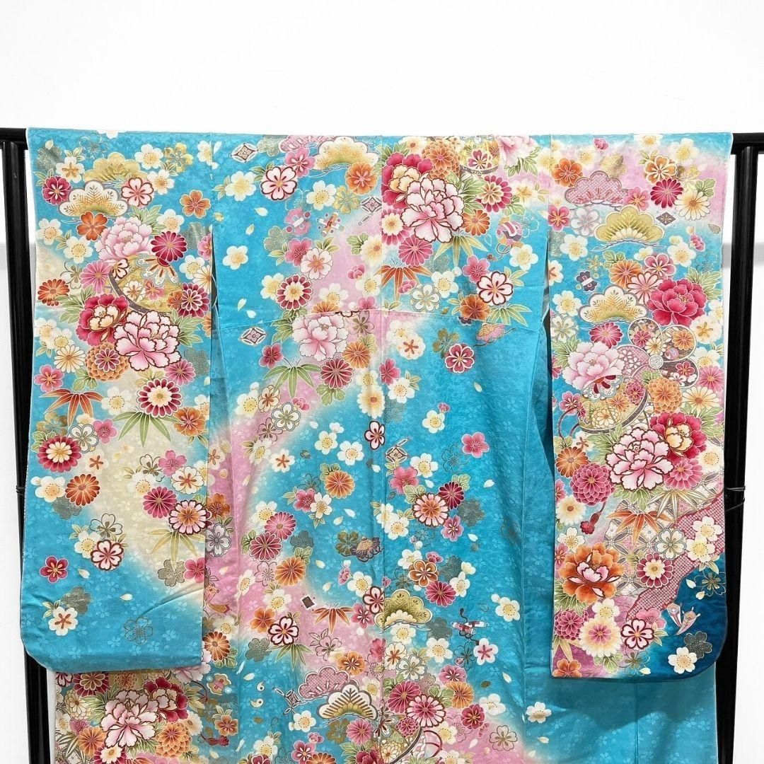 金駒刺繍 金彩 牡丹 松竹梅 水色 振袖 成人式 晴れの日 着物 032a p 