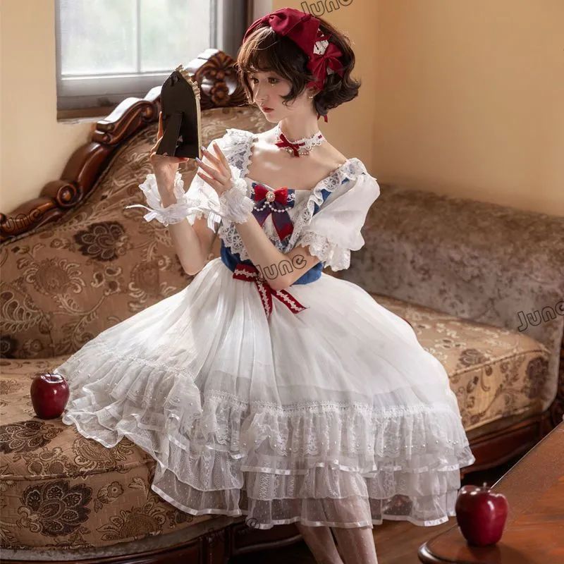 オリジナルデザイン ロリータ風 姫系 白雪姫モチーフ スノーホワイトドレス 軽花嫁風 短袖ワンピース 夏用 豪華レース装飾 イベント＆コスプレ向け ハイウエストデザイン コスプレ衣装