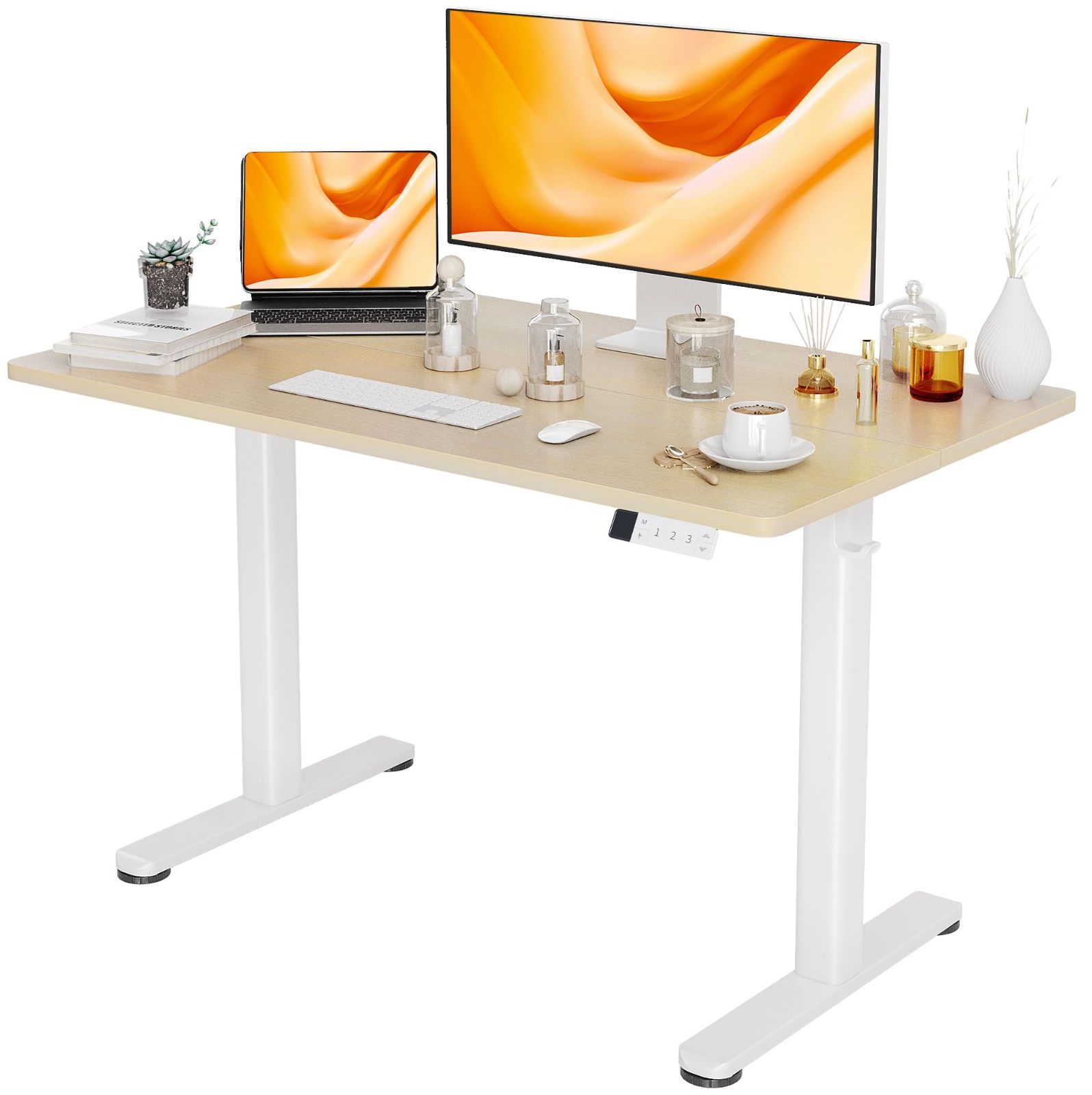 在宅ワーク オフィスデスク テレワーク パソコンデスク 幅120cm*奥行き60cm テーブル 高さ調節 昇降式 スタンディングデスク メモリー機能 電動 昇降デスク ホワイトフレーム|ナチュラル天板 Claiks