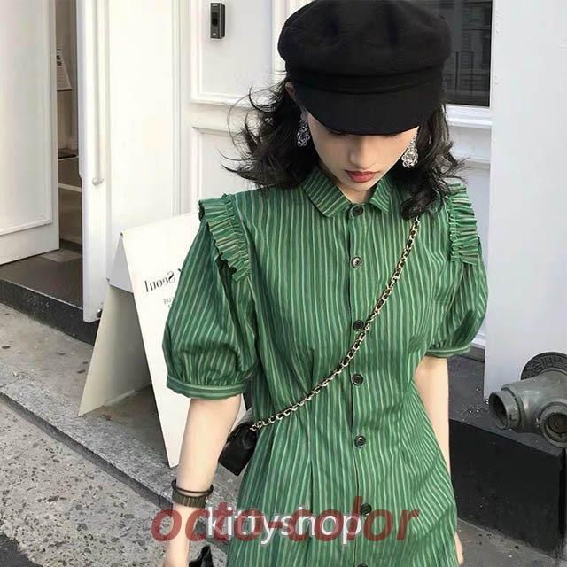 シャツワンピース ショート丈 ストライプ 緑 グリーン