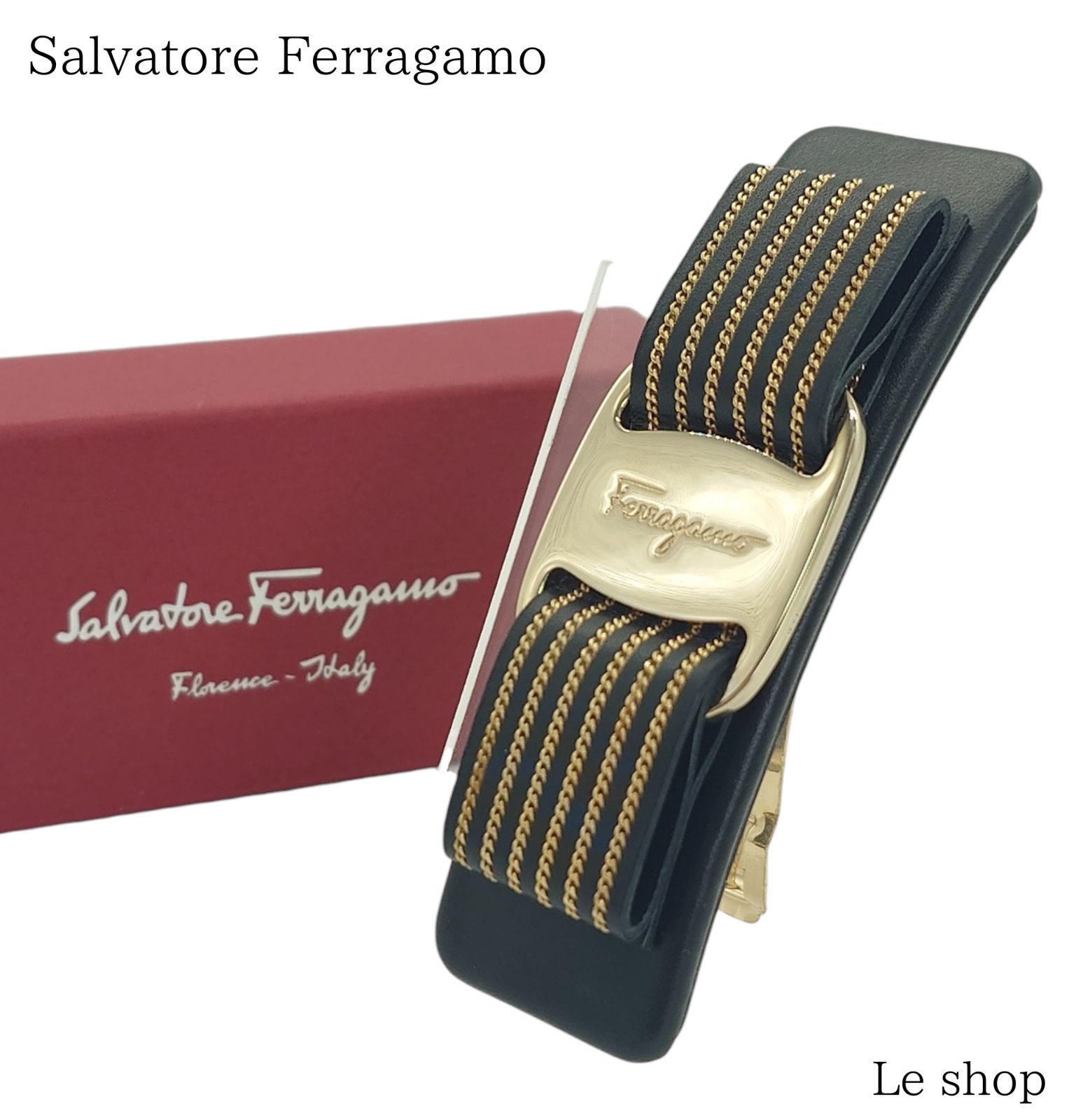 Salvatore Ferragamo フェラガモ バレッタ ヴァラリボン ブラック コールド レザー メタル