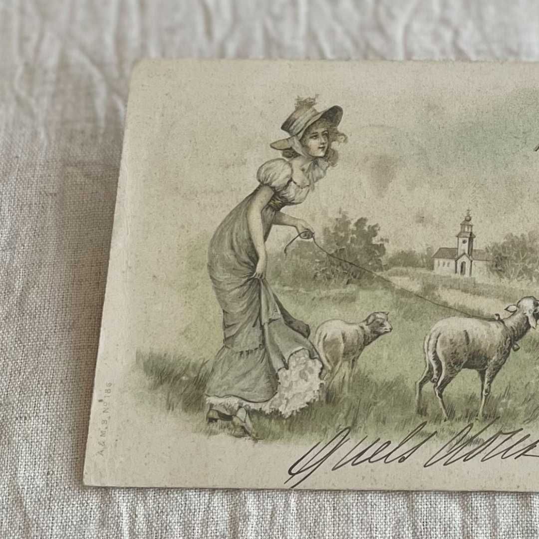 フランスアンティーク　ポストカードブック　絵葉書　1冊　白黒　絵葉書帖 フランス アンティーク ポストカード 女性と羊 古い絵葉書 ジャンク