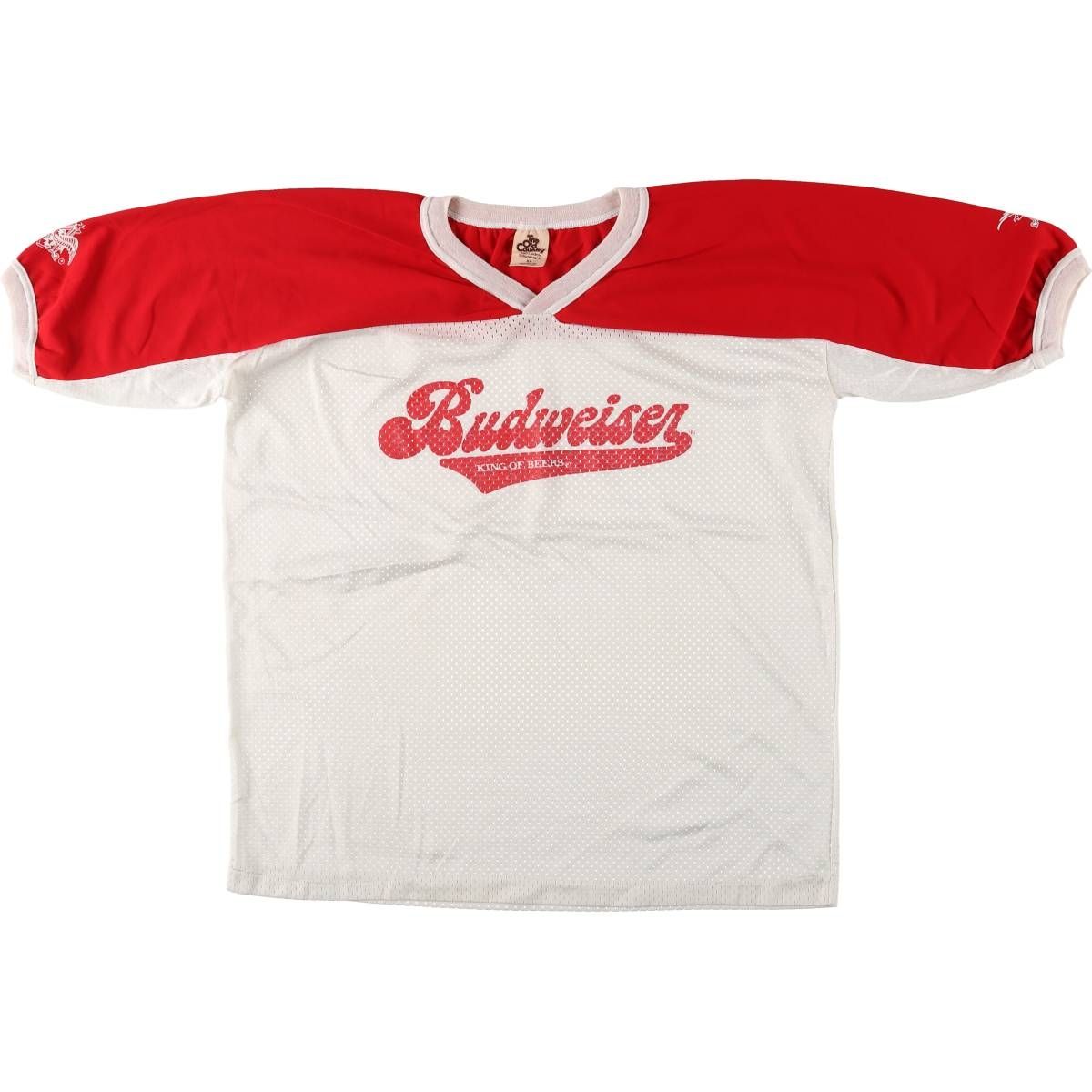 古着 THE OLD COUNTRY BUDWEISER バドワイザー 七分袖 Vネック メッシュ 切替 半袖シャツ ゲームシャツ フットボールシャツ|eaa543075